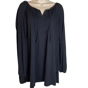 Woman Within Black Long Sleeve Tunic Top L 18/20 Boho Tassel Pintuck Relaxed